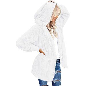Women's White Open Front Sherpa Vest Jacket Coat Hooded Fuzzy Sweater Pockets